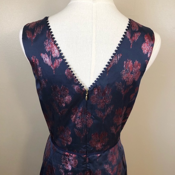 Draper James Navy Sleeveless Dress with Metallic Red/Pink Floral Print Sz 8 - Picture 4 of 14